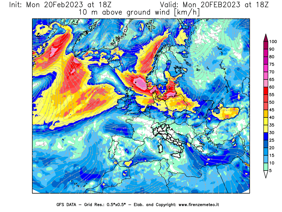 Mappa di analisi GFS - Velocità del vento a 10 metri dal suolo [km/h] in Europa
							del 20/02/2023 18 <!--googleoff: index-->UTC<!--googleon: index-->