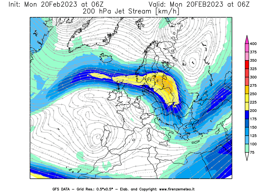 Mappa di analisi GFS - Jet Stream a 200 hPa in Europa
							del 20/02/2023 06 <!--googleoff: index-->UTC<!--googleon: index-->