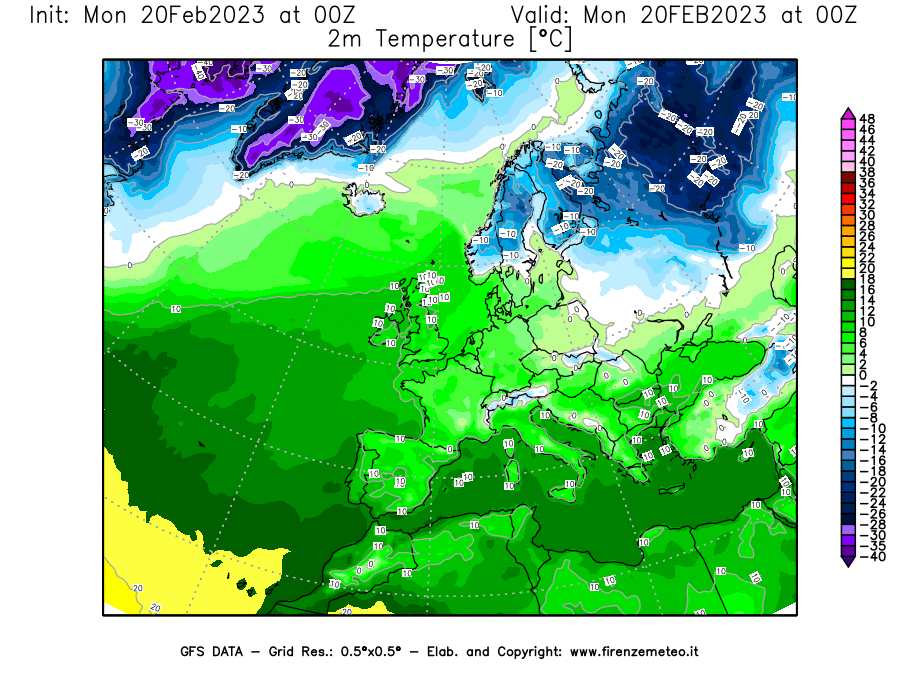 Mappa di analisi GFS - Temperatura a 2 metri dal suolo [°C] in Europa
							del 20/02/2023 00 <!--googleoff: index-->UTC<!--googleon: index-->