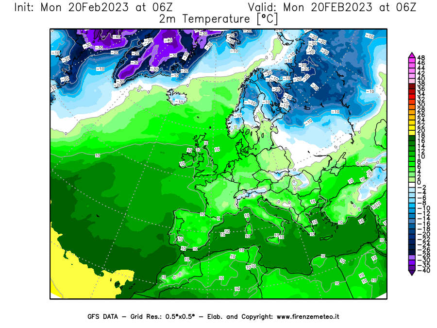 Mappa di analisi GFS - Temperatura a 2 metri dal suolo [°C] in Europa
							del 20/02/2023 06 <!--googleoff: index-->UTC<!--googleon: index-->