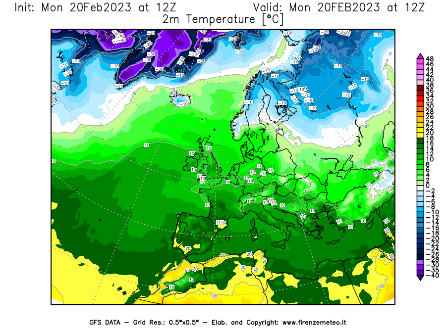 Mappa di analisi GFS - Temperatura a 2 metri dal suolo [°C] in Europa
							del 20/02/2023 12 <!--googleoff: index-->UTC<!--googleon: index-->