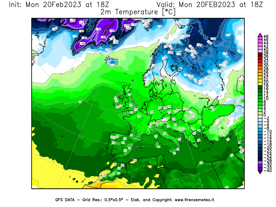Mappa di analisi GFS - Temperatura a 2 metri dal suolo [°C] in Europa
							del 20/02/2023 18 <!--googleoff: index-->UTC<!--googleon: index-->