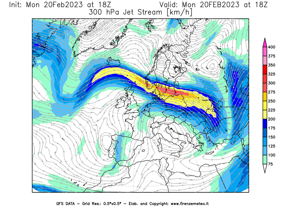 Mappa di analisi GFS - Jet Stream a 300 hPa in Europa
							del 20/02/2023 18 <!--googleoff: index-->UTC<!--googleon: index-->