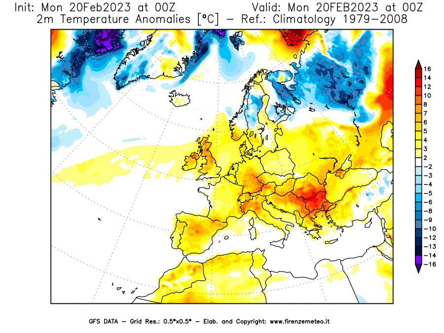 Mappa di analisi GFS - Anomalia Temperatura [°C] a 2 m in Europa
							del 20/02/2023 00 <!--googleoff: index-->UTC<!--googleon: index-->