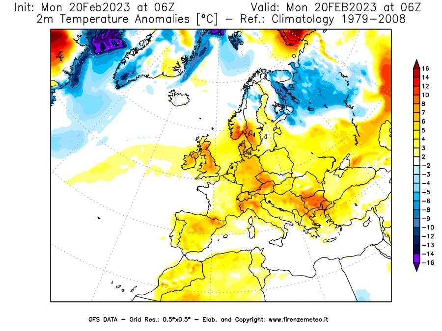 Mappa di analisi GFS - Anomalia Temperatura [°C] a 2 m in Europa
							del 20/02/2023 06 <!--googleoff: index-->UTC<!--googleon: index-->
