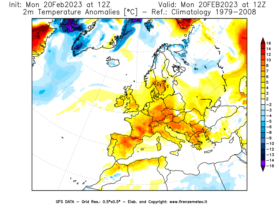 Mappa di analisi GFS - Anomalia Temperatura [°C] a 2 m in Europa
							del 20/02/2023 12 <!--googleoff: index-->UTC<!--googleon: index-->