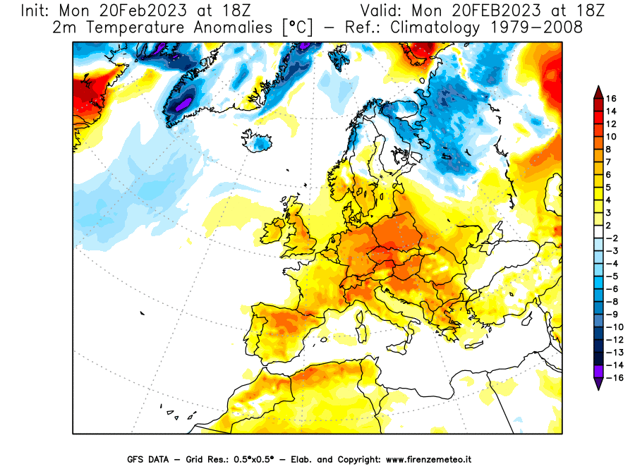 Mappa di analisi GFS - Anomalia Temperatura [°C] a 2 m in Europa
							del 20/02/2023 18 <!--googleoff: index-->UTC<!--googleon: index-->