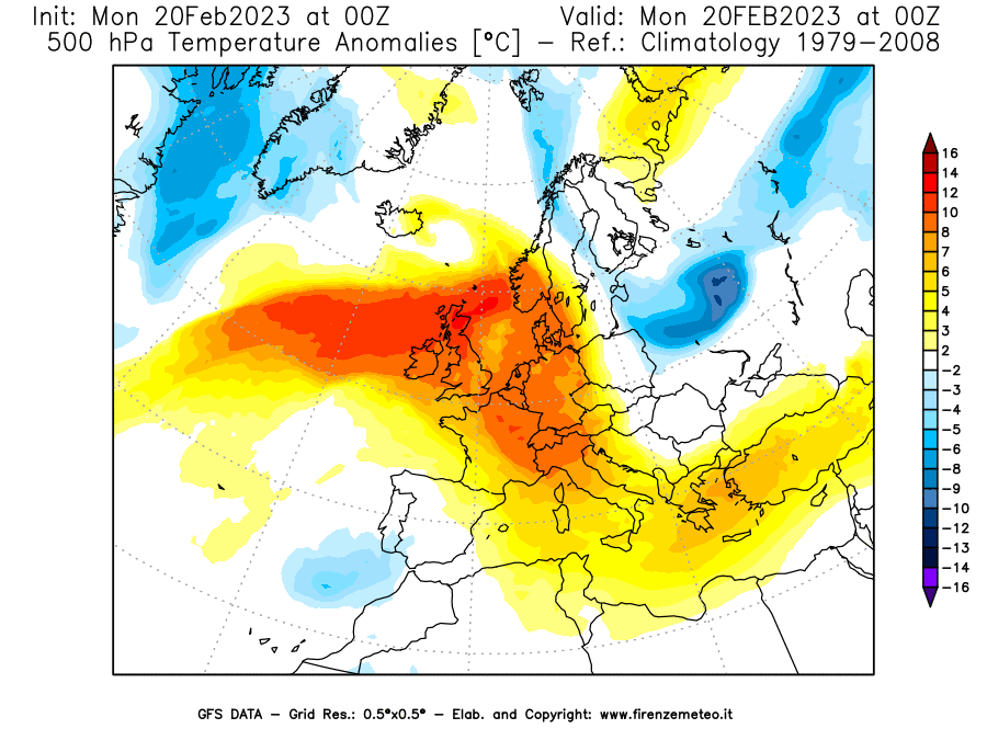 Mappa di analisi GFS - Anomalia Temperatura [°C] a 500 hPa in Europa
							del 20/02/2023 00 <!--googleoff: index-->UTC<!--googleon: index-->