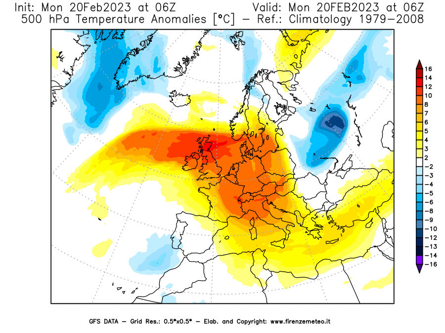Mappa di analisi GFS - Anomalia Temperatura [°C] a 500 hPa in Europa
							del 20/02/2023 06 <!--googleoff: index-->UTC<!--googleon: index-->