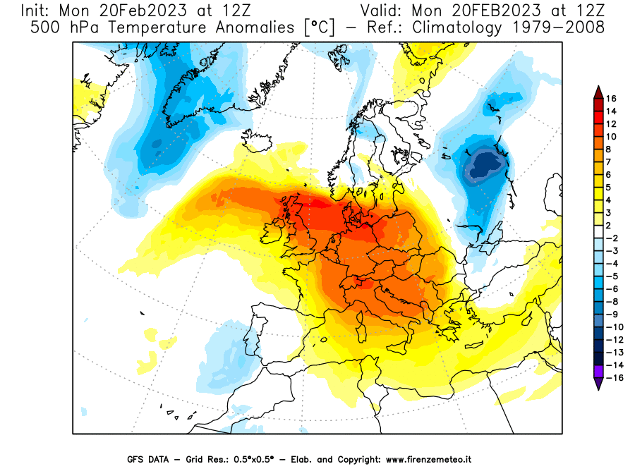 Mappa di analisi GFS - Anomalia Temperatura [°C] a 500 hPa in Europa
							del 20/02/2023 12 <!--googleoff: index-->UTC<!--googleon: index-->