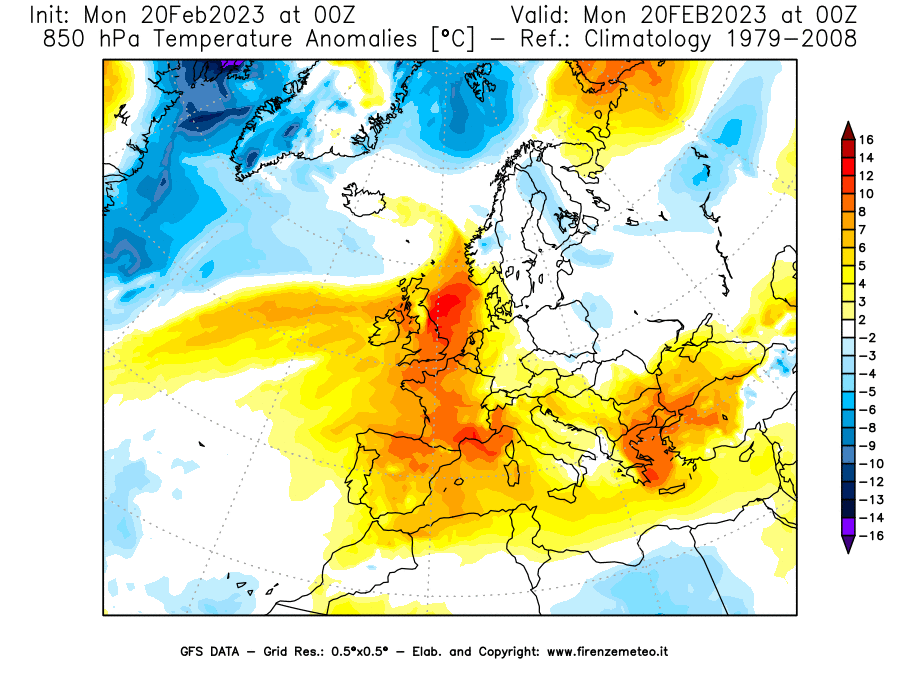 Mappa di analisi GFS - Anomalia Temperatura [°C] a 850 hPa in Europa
							del 20/02/2023 00 <!--googleoff: index-->UTC<!--googleon: index-->