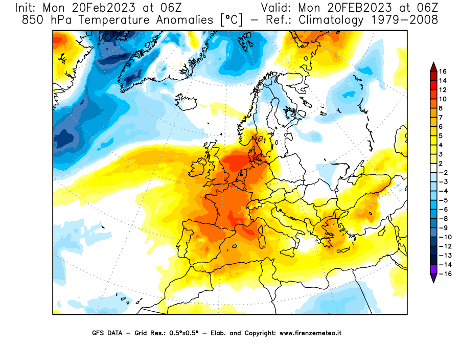 Mappa di analisi GFS - Anomalia Temperatura [°C] a 850 hPa in Europa
							del 20/02/2023 06 <!--googleoff: index-->UTC<!--googleon: index-->