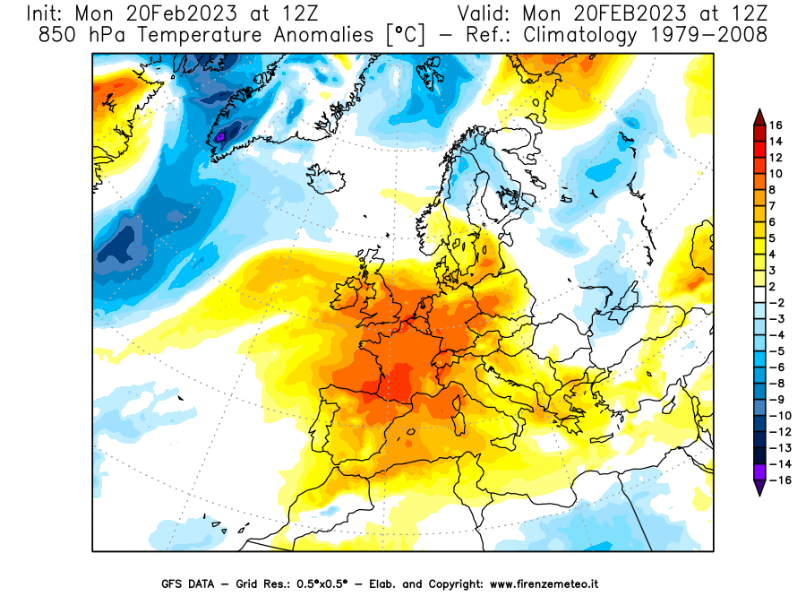 Mappa di analisi GFS - Anomalia Temperatura [°C] a 850 hPa in Europa
							del 20/02/2023 12 <!--googleoff: index-->UTC<!--googleon: index-->