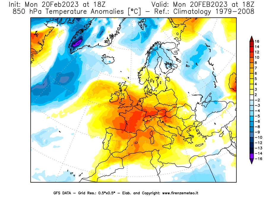 Mappa di analisi GFS - Anomalia Temperatura [°C] a 850 hPa in Europa
							del 20/02/2023 18 <!--googleoff: index-->UTC<!--googleon: index-->