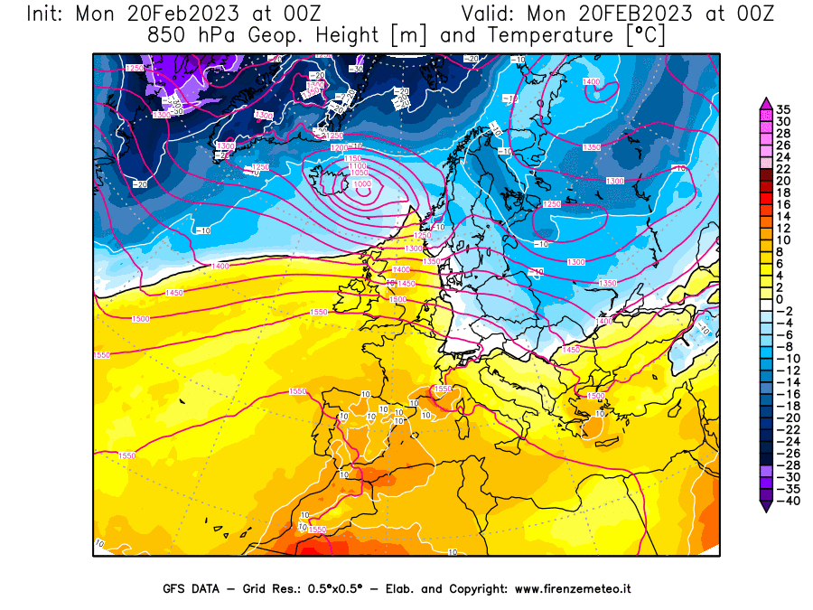 Mappa di analisi GFS - Geopotenziale [m] e Temperatura [°C] a 850 hPa in Europa
							del 20/02/2023 00 <!--googleoff: index-->UTC<!--googleon: index-->