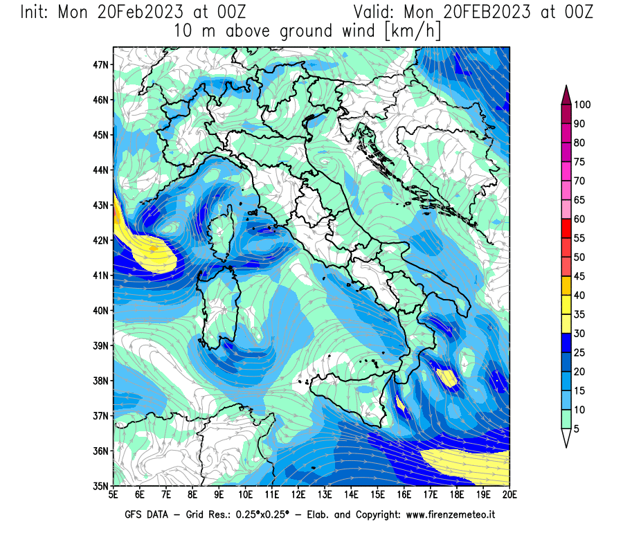 Mappa di analisi GFS - Velocità del vento a 10 metri dal suolo [km/h] in Italia
							del 20/02/2023 00 <!--googleoff: index-->UTC<!--googleon: index-->