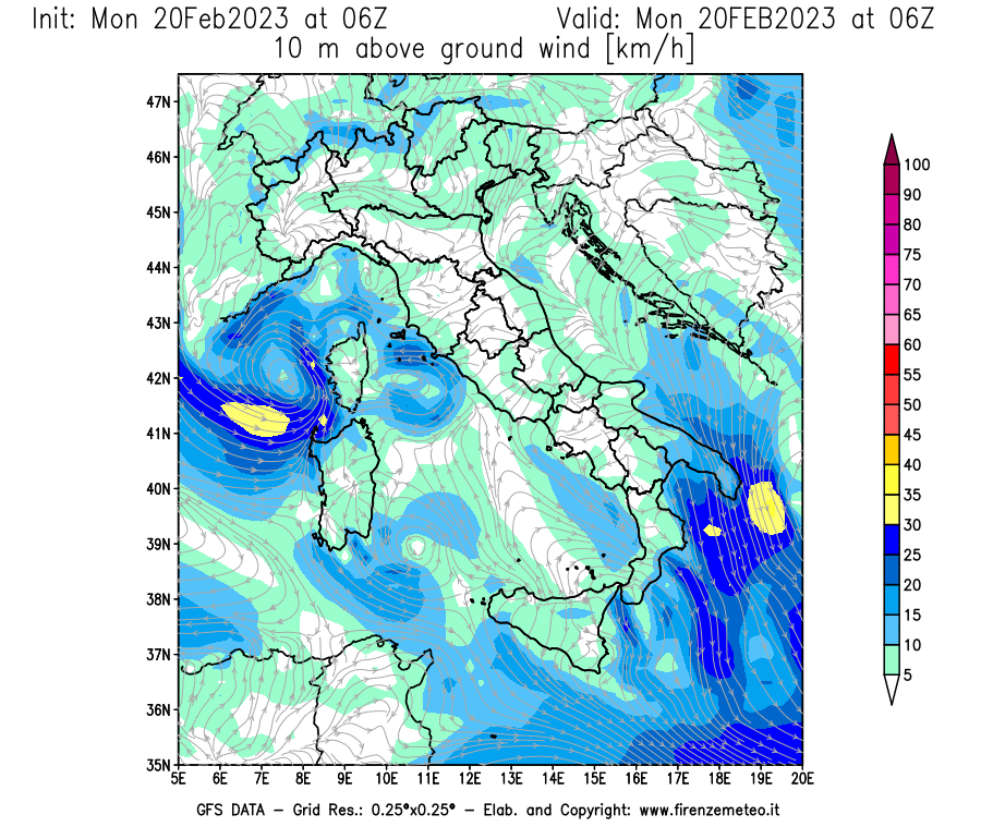 Mappa di analisi GFS - Velocità del vento a 10 metri dal suolo [km/h] in Italia
							del 20/02/2023 06 <!--googleoff: index-->UTC<!--googleon: index-->