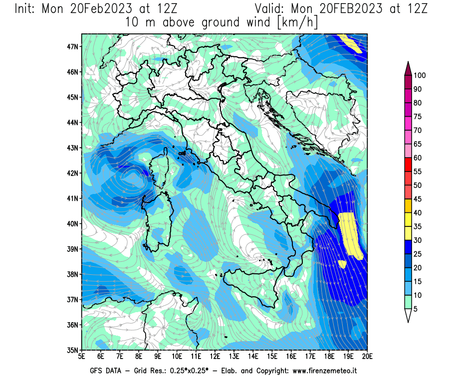 Mappa di analisi GFS - Velocità del vento a 10 metri dal suolo [km/h] in Italia
							del 20/02/2023 12 <!--googleoff: index-->UTC<!--googleon: index-->