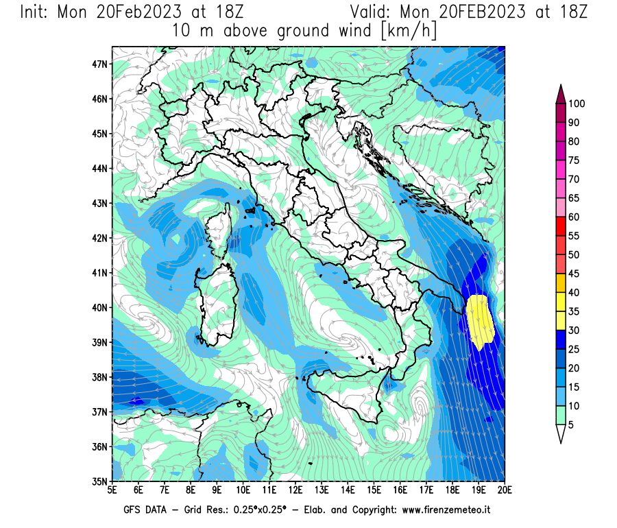 Mappa di analisi GFS - Velocità del vento a 10 metri dal suolo [km/h] in Italia
							del 20/02/2023 18 <!--googleoff: index-->UTC<!--googleon: index-->