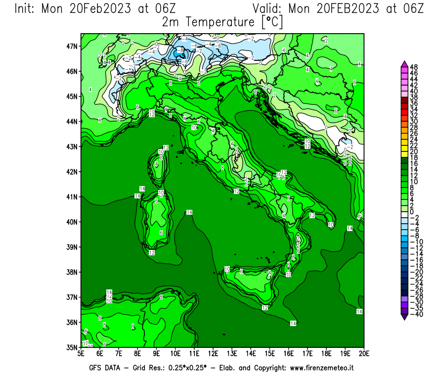 Mappa di analisi GFS - Temperatura a 2 metri dal suolo [°C] in Italia
							del 20/02/2023 06 <!--googleoff: index-->UTC<!--googleon: index-->