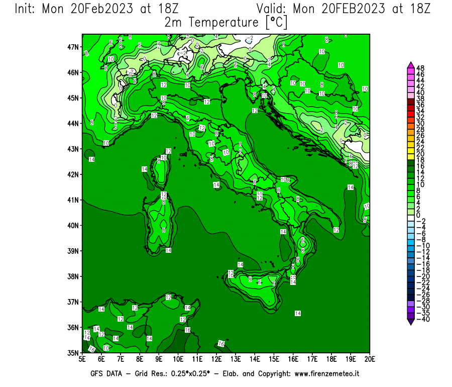 Mappa di analisi GFS - Temperatura a 2 metri dal suolo [°C] in Italia
							del 20/02/2023 18 <!--googleoff: index-->UTC<!--googleon: index-->