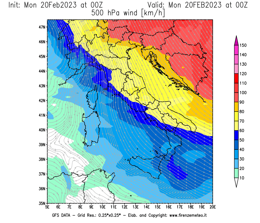 Mappa di analisi GFS - Velocità del vento a 500 hPa [km/h] in Italia
							del 20/02/2023 00 <!--googleoff: index-->UTC<!--googleon: index-->