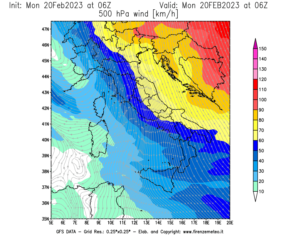 Mappa di analisi GFS - Velocità del vento a 500 hPa [km/h] in Italia
							del 20/02/2023 06 <!--googleoff: index-->UTC<!--googleon: index-->