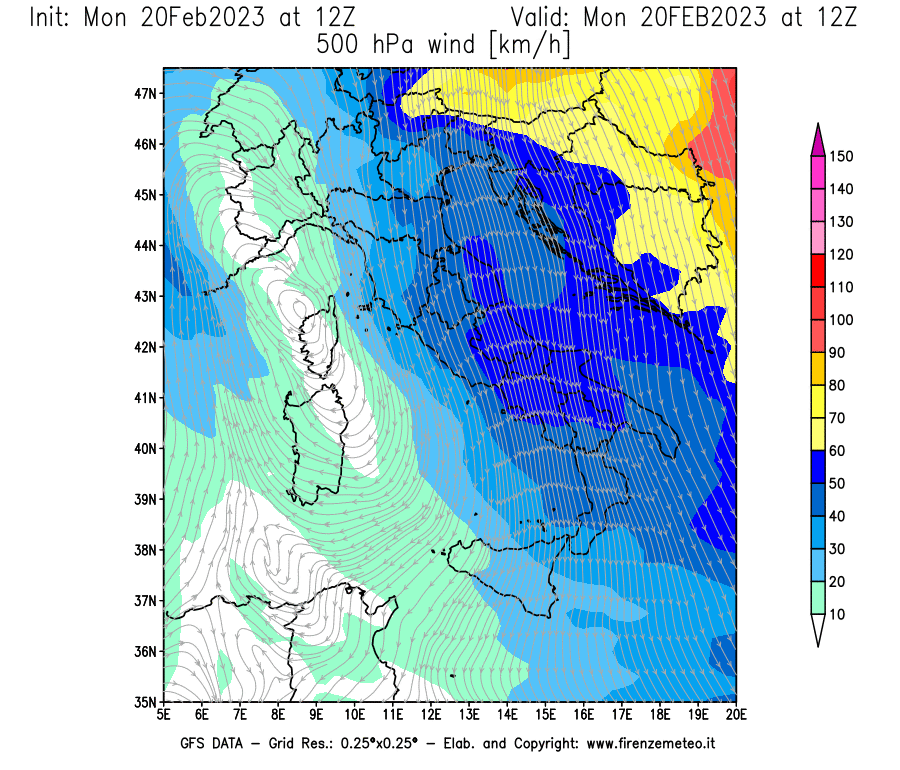 Mappa di analisi GFS - Velocità del vento a 500 hPa [km/h] in Italia
							del 20/02/2023 12 <!--googleoff: index-->UTC<!--googleon: index-->