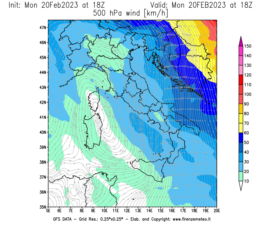 Mappa di analisi GFS - Velocità del vento a 500 hPa [km/h] in Italia
							del 20/02/2023 18 <!--googleoff: index-->UTC<!--googleon: index-->
