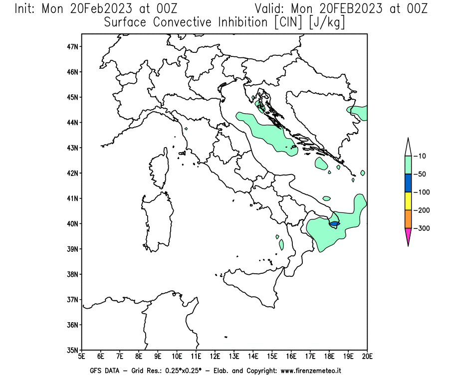 Mappa di analisi GFS - CIN [J/kg] in Italia
							del 20/02/2023 00 <!--googleoff: index-->UTC<!--googleon: index-->