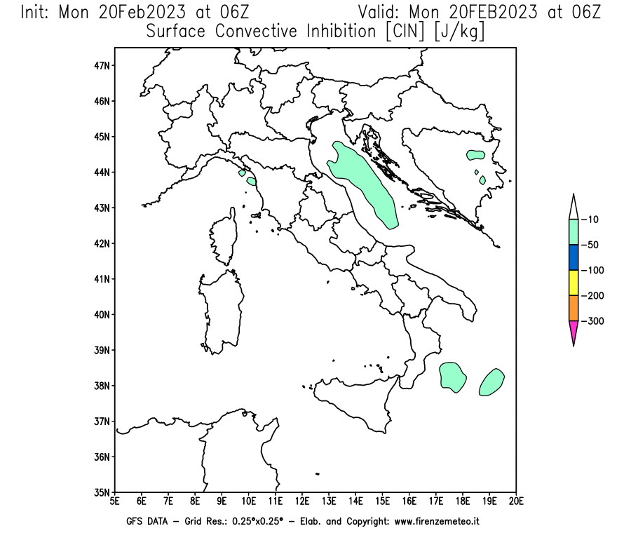 Mappa di analisi GFS - CIN [J/kg] in Italia
							del 20/02/2023 06 <!--googleoff: index-->UTC<!--googleon: index-->
