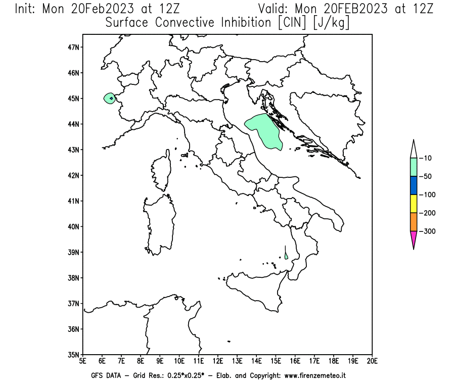 Mappa di analisi GFS - CIN [J/kg] in Italia
							del 20/02/2023 12 <!--googleoff: index-->UTC<!--googleon: index-->