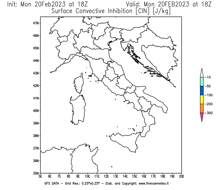 Mappa di analisi GFS - CIN [J/kg] in Italia
							del 20/02/2023 18 <!--googleoff: index-->UTC<!--googleon: index-->