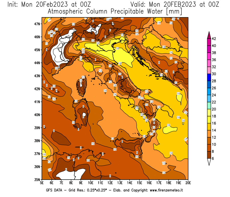 Mappa di analisi GFS - Precipitable Water [mm] in Italia
							del 20/02/2023 00 <!--googleoff: index-->UTC<!--googleon: index-->