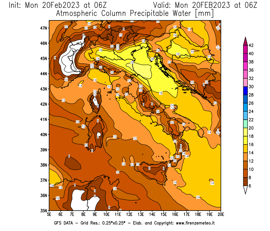 Mappa di analisi GFS - Precipitable Water [mm] in Italia
							del 20/02/2023 06 <!--googleoff: index-->UTC<!--googleon: index-->