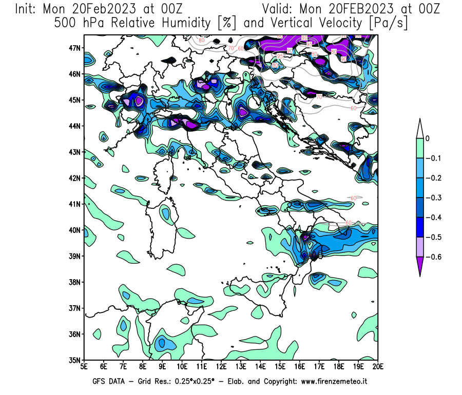 Mappa di analisi GFS - Umidità relativa [%] e Omega [Pa/s] a 500 hPa in Italia
							del 20/02/2023 00 <!--googleoff: index-->UTC<!--googleon: index-->