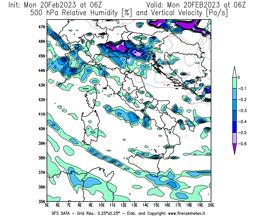 Mappa di analisi GFS - Umidità relativa [%] e Omega [Pa/s] a 500 hPa in Italia
							del 20/02/2023 06 <!--googleoff: index-->UTC<!--googleon: index-->