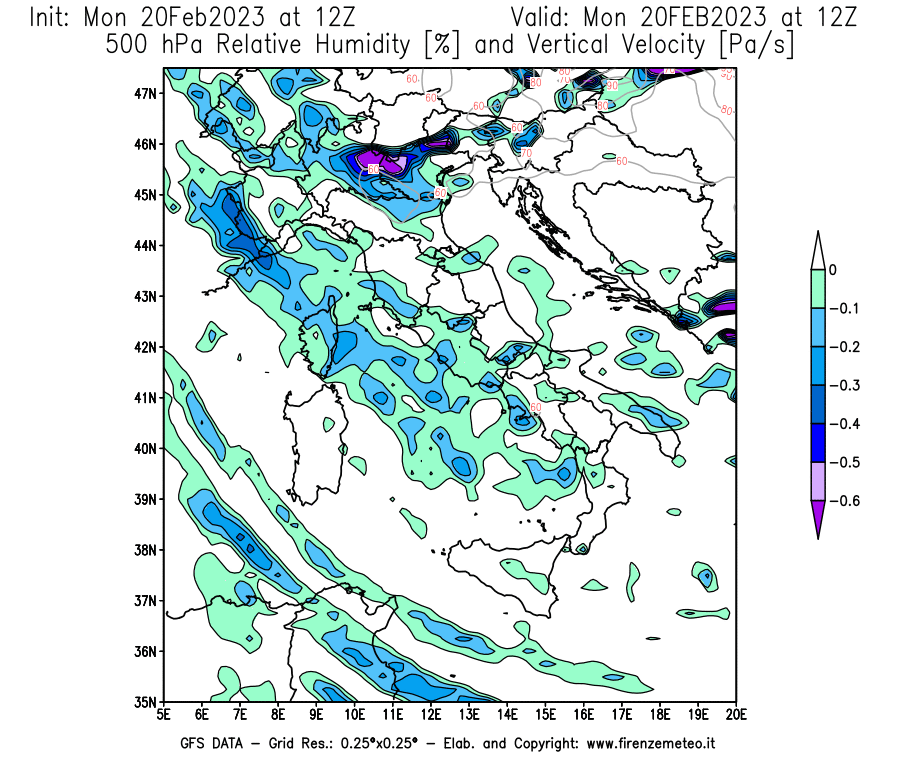 Mappa di analisi GFS - Umidità relativa [%] e Omega [Pa/s] a 500 hPa in Italia
							del 20/02/2023 12 <!--googleoff: index-->UTC<!--googleon: index-->