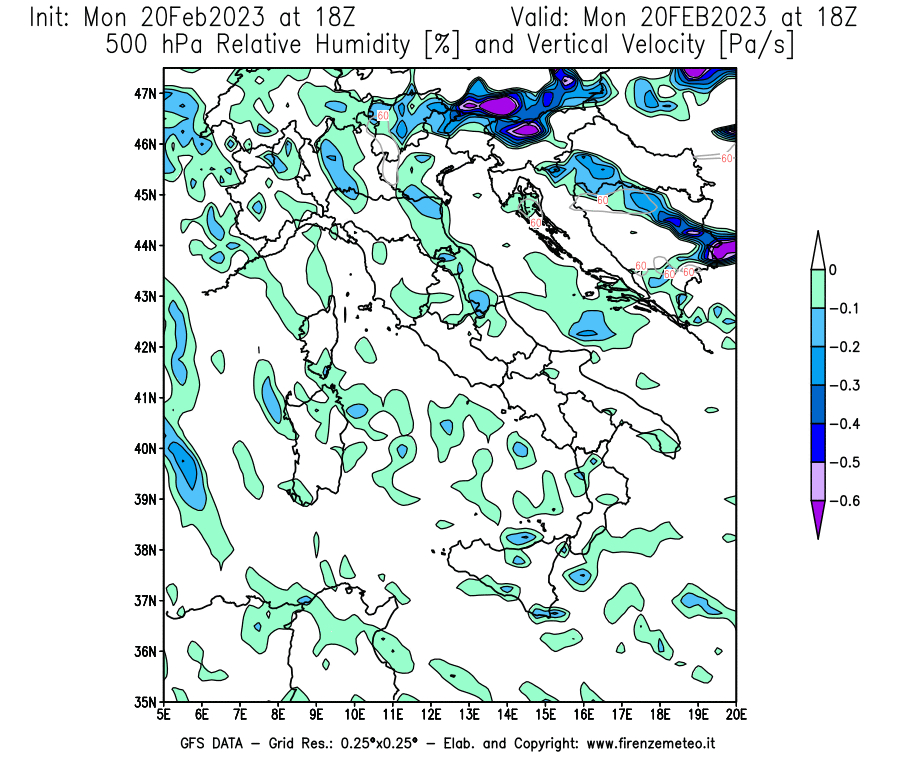 Mappa di analisi GFS - Umidità relativa [%] e Omega [Pa/s] a 500 hPa in Italia
							del 20/02/2023 18 <!--googleoff: index-->UTC<!--googleon: index-->