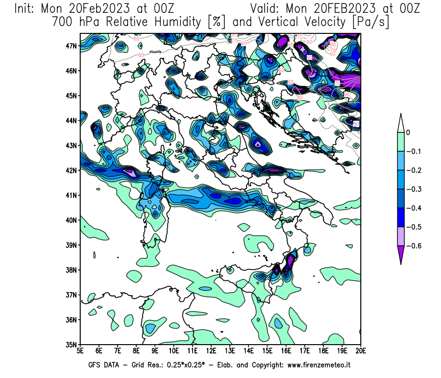 Mappa di analisi GFS - Umidità relativa [%] e Omega [Pa/s] a 700 hPa in Italia
							del 20/02/2023 00 <!--googleoff: index-->UTC<!--googleon: index-->