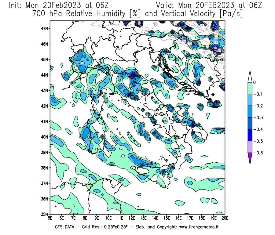 Mappa di analisi GFS - Umidità relativa [%] e Omega [Pa/s] a 700 hPa in Italia
							del 20/02/2023 06 <!--googleoff: index-->UTC<!--googleon: index-->