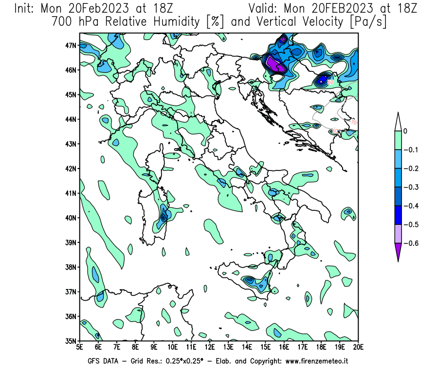 Mappa di analisi GFS - Umidità relativa [%] e Omega [Pa/s] a 700 hPa in Italia
							del 20/02/2023 18 <!--googleoff: index-->UTC<!--googleon: index-->