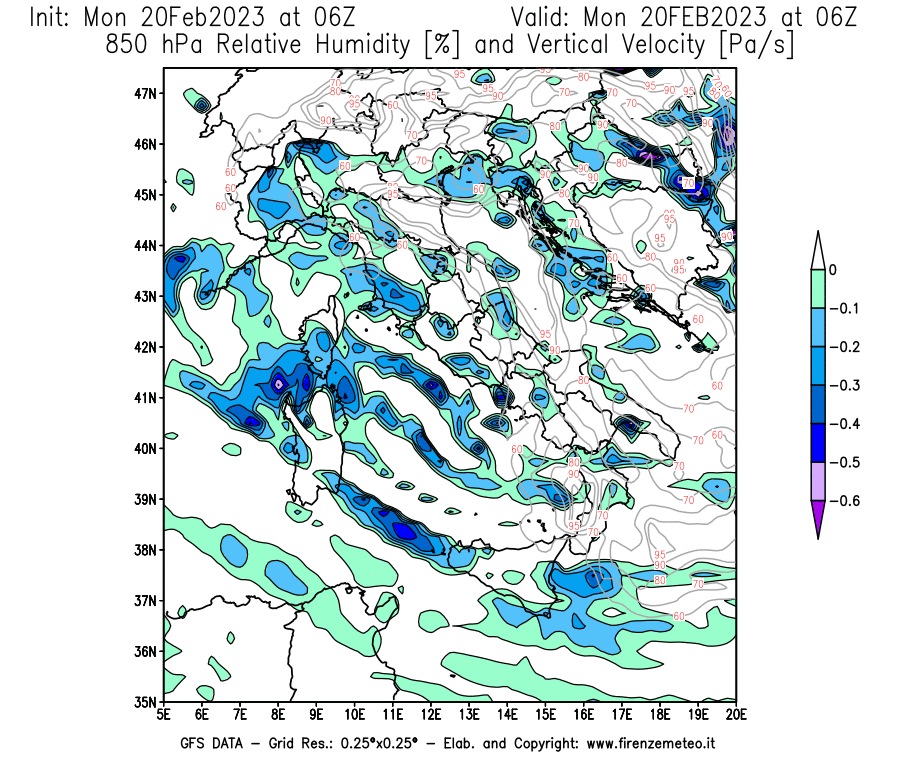 Mappa di analisi GFS - Umidità relativa [%] e Omega [Pa/s] a 850 hPa in Italia
							del 20/02/2023 06 <!--googleoff: index-->UTC<!--googleon: index-->