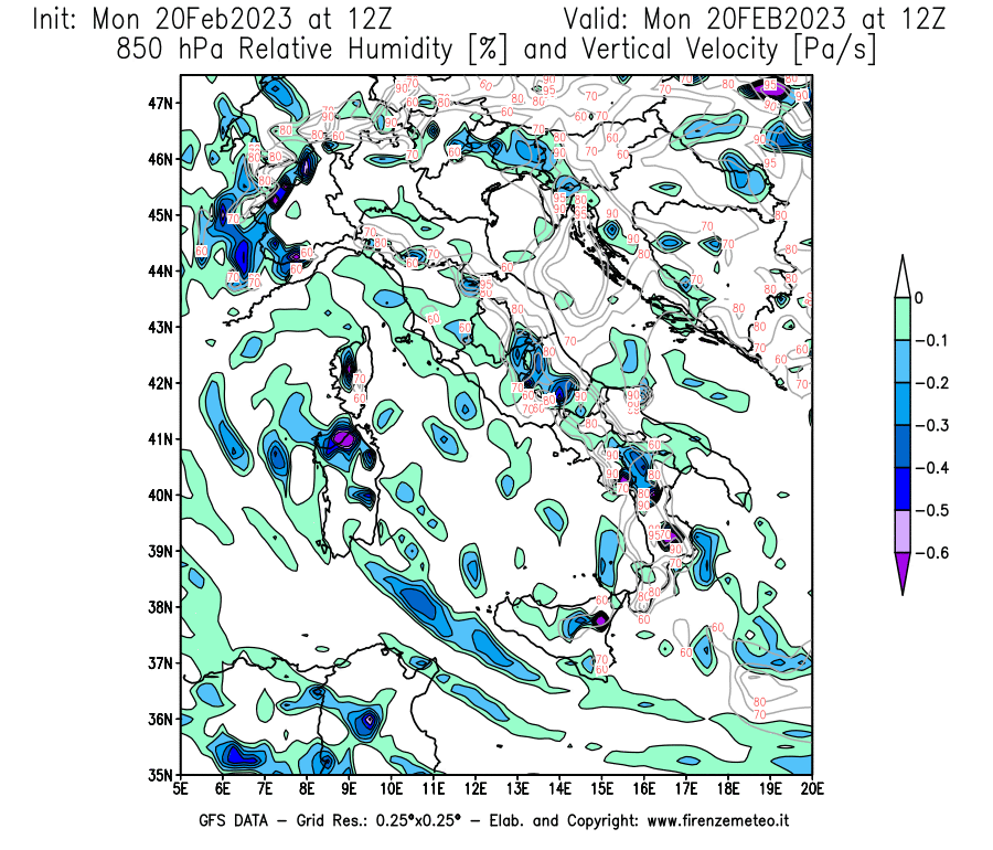 Mappa di analisi GFS - Umidità relativa [%] e Omega [Pa/s] a 850 hPa in Italia
							del 20/02/2023 12 <!--googleoff: index-->UTC<!--googleon: index-->