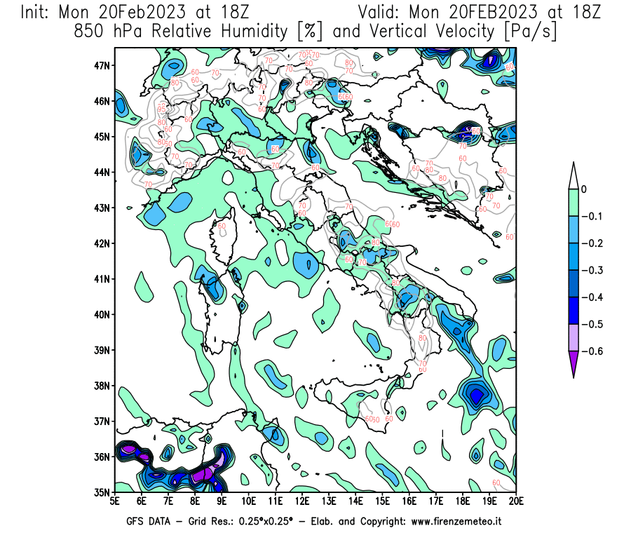 Mappa di analisi GFS - Umidità relativa [%] e Omega [Pa/s] a 850 hPa in Italia
							del 20/02/2023 18 <!--googleoff: index-->UTC<!--googleon: index-->