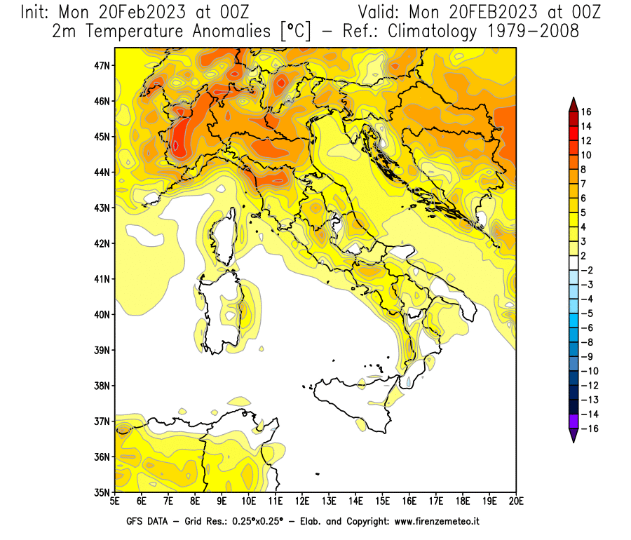 Mappa di analisi GFS - Anomalia Temperatura [°C] a 2 m in Italia
							del 20/02/2023 00 <!--googleoff: index-->UTC<!--googleon: index-->