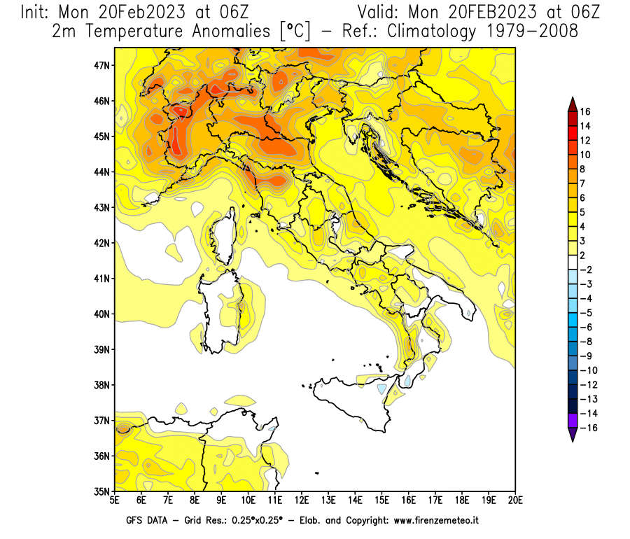 Mappa di analisi GFS - Anomalia Temperatura [°C] a 2 m in Italia
							del 20/02/2023 06 <!--googleoff: index-->UTC<!--googleon: index-->
