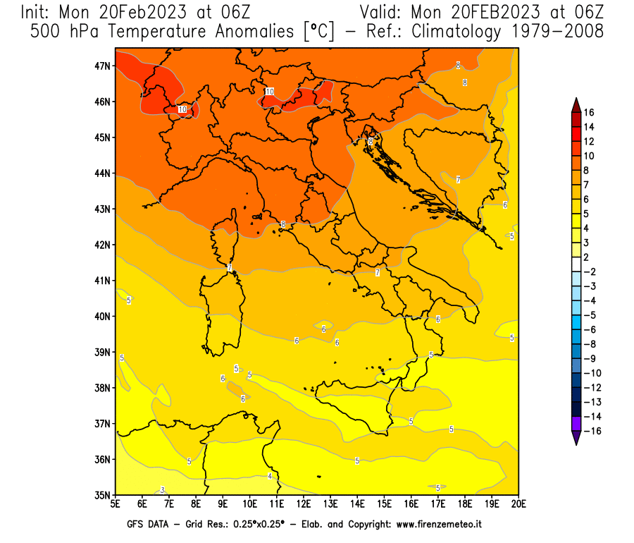 Mappa di analisi GFS - Anomalia Temperatura [°C] a 500 hPa in Italia
							del 20/02/2023 06 <!--googleoff: index-->UTC<!--googleon: index-->