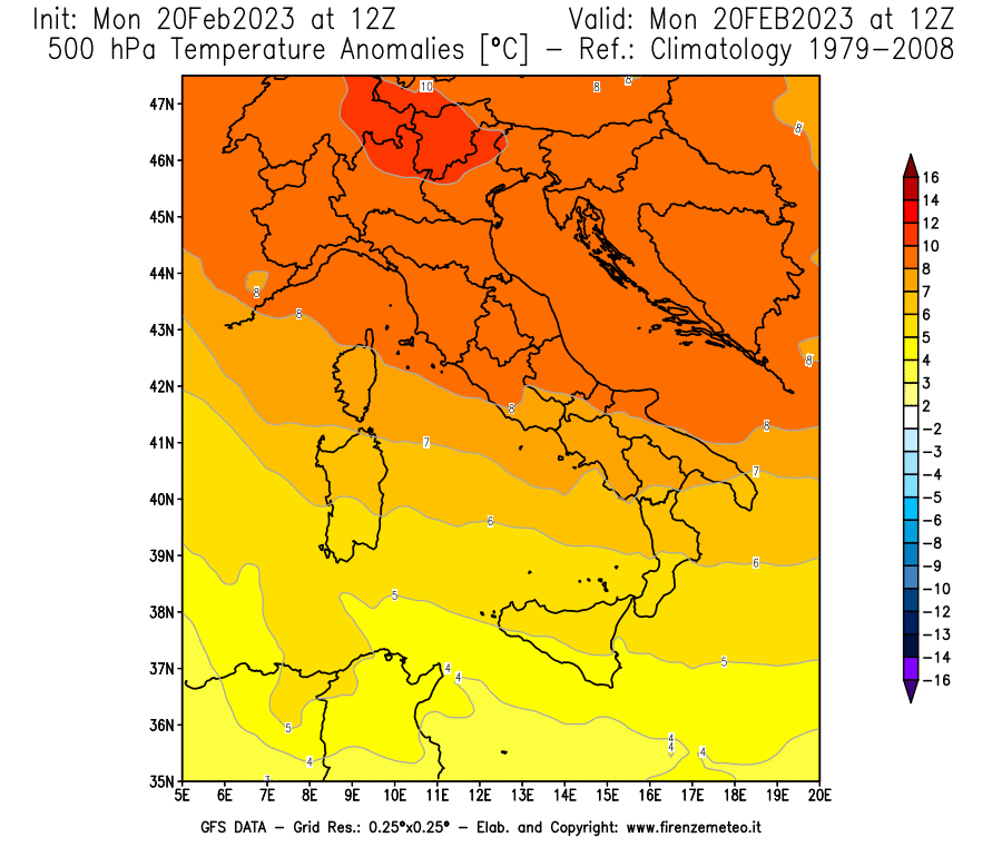Mappa di analisi GFS - Anomalia Temperatura [°C] a 500 hPa in Italia
							del 20/02/2023 12 <!--googleoff: index-->UTC<!--googleon: index-->