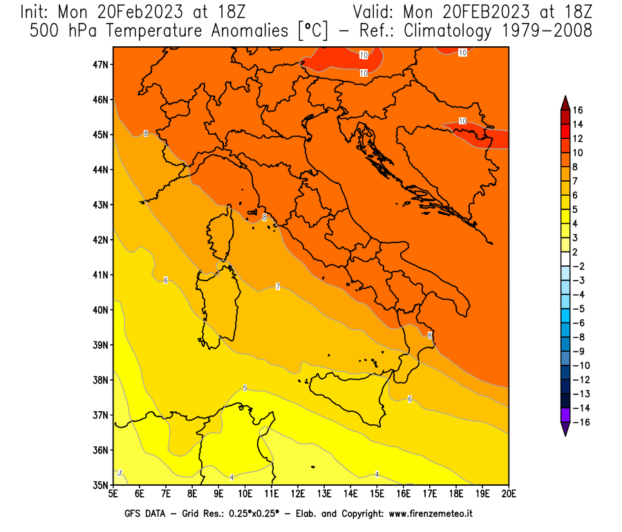 Mappa di analisi GFS - Anomalia Temperatura [°C] a 500 hPa in Italia
							del 20/02/2023 18 <!--googleoff: index-->UTC<!--googleon: index-->